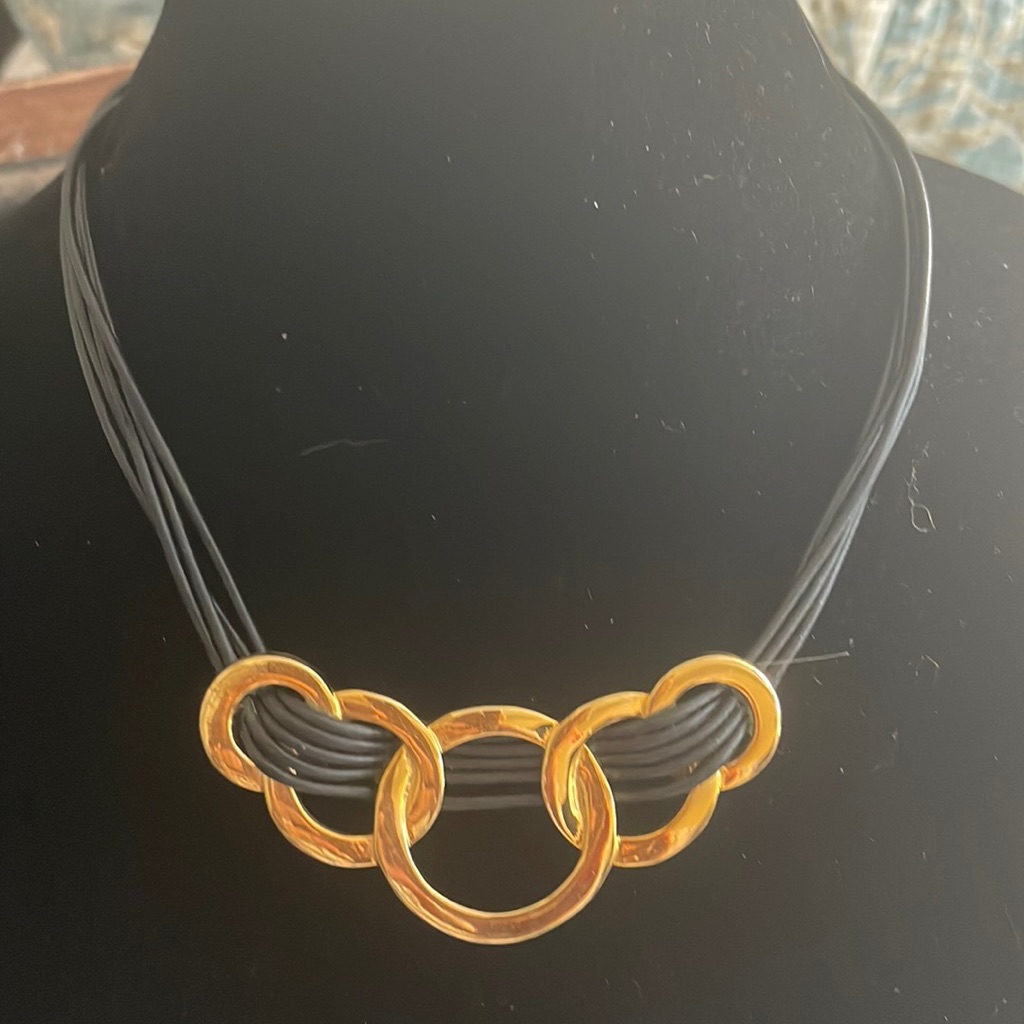 Leather And Brass Necklace Adjustable 19 With Extension Three Black Cords